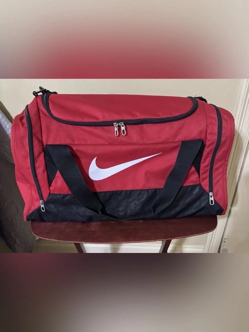 Nike Red and Black Sports Duffel with White Swoosh
